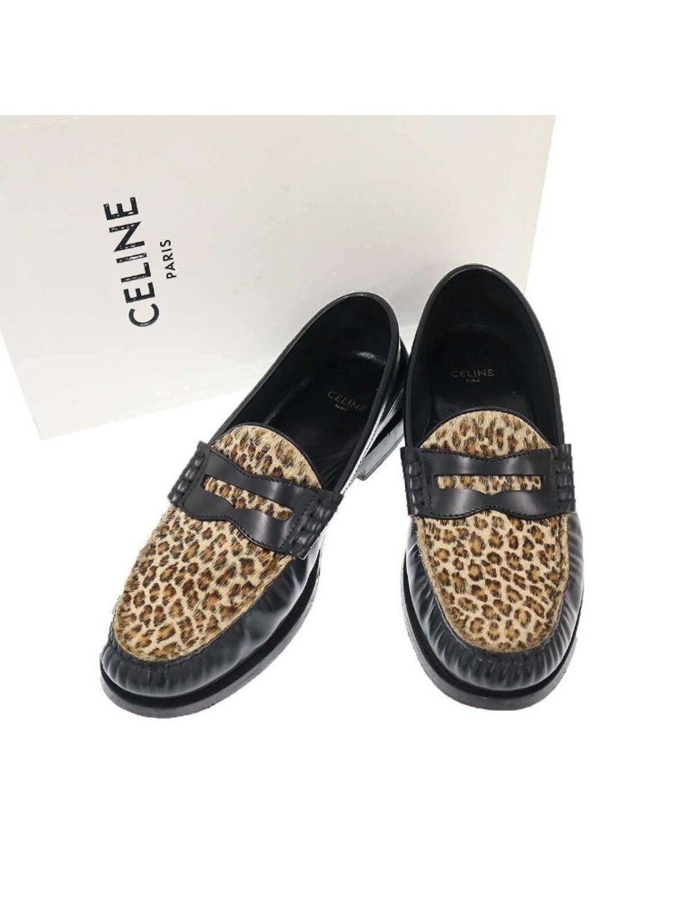 Celine Leopard Calf Hair Loafers Black Brown
